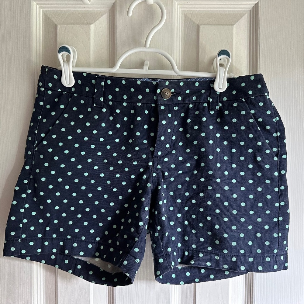 Merona Women's Shorts Navy Blue Polka Dot Pockets Cotton Mid Rise Size 2